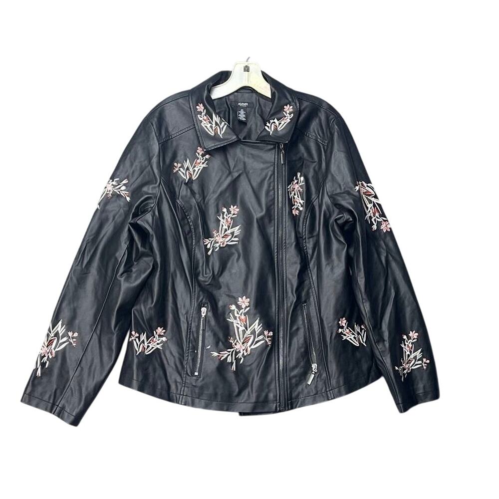 Alfani Womens Black Floral Embroidered Jacket 2X Faux Leather Moto Biker Grunge